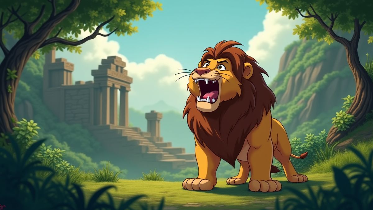 Un león rugiendo frente a unas ruinas antiguas en la jungla.