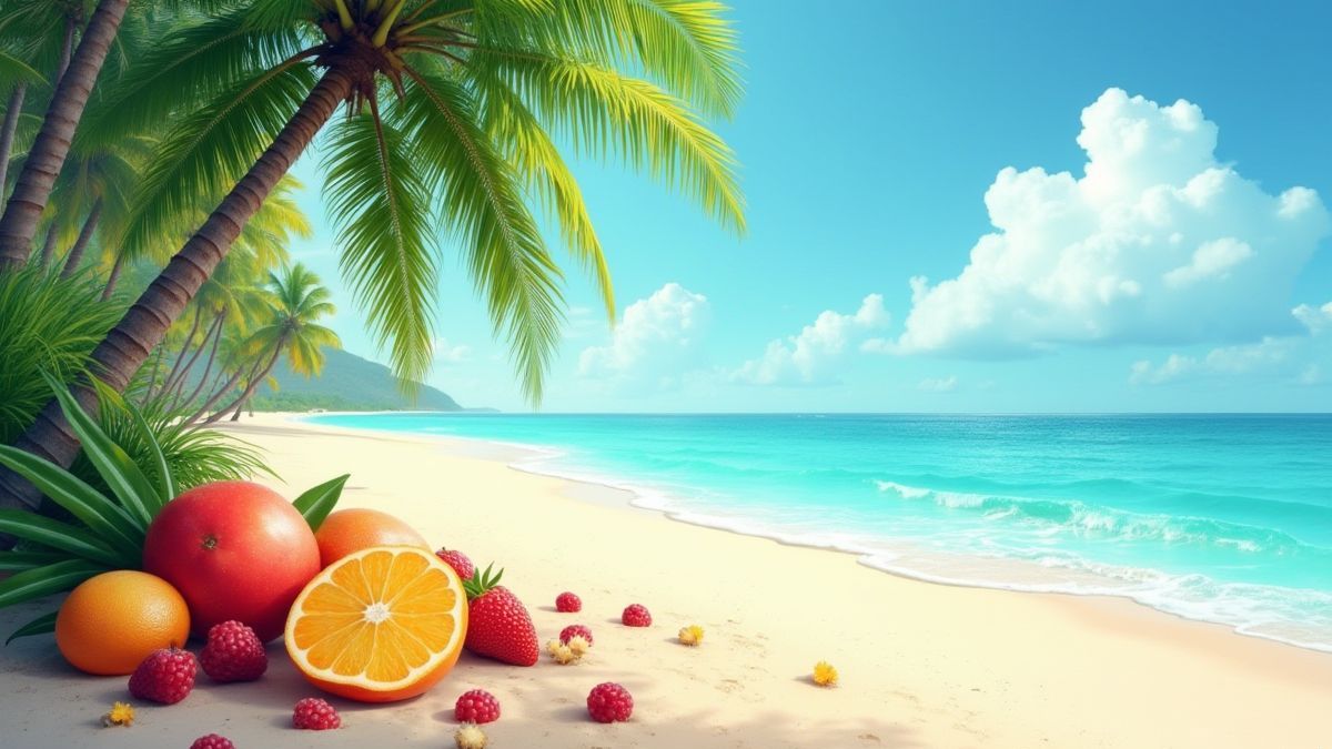 Una playa tropical con frutas coloridas sobre la arena bajo palmeras.