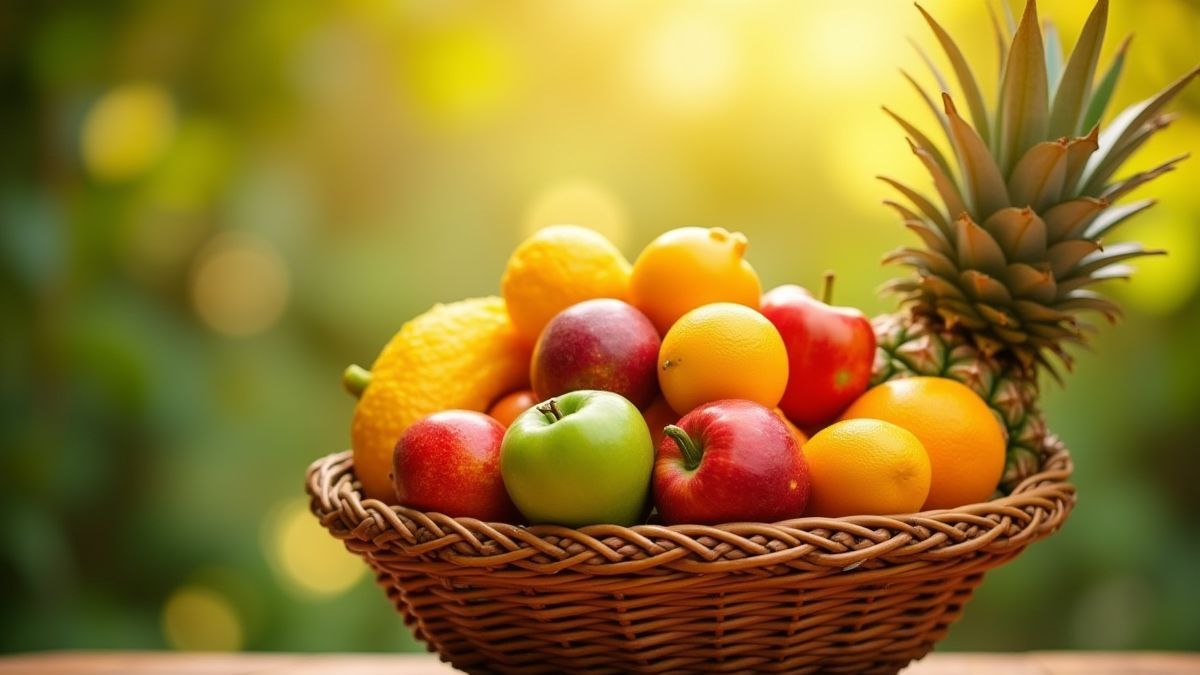 Una cesta vibrante llena de frutas tropicales con un fondo brillante.