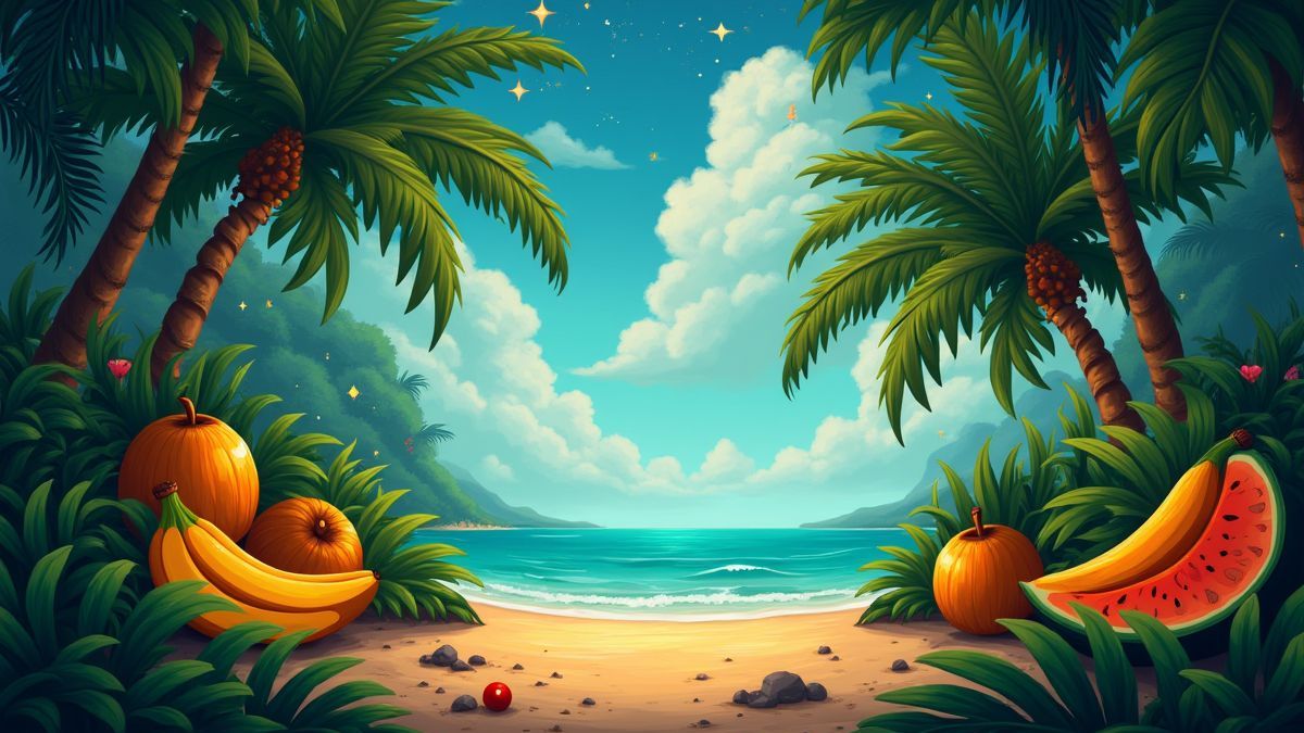 Jungla tropical com frutas e fogos de artifício.
