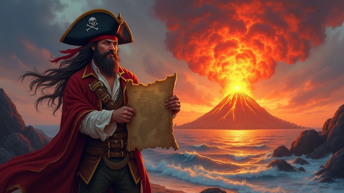 Piraatkapitein met een schatkaart en een uitbarstende vulkaan op de achtergrond.