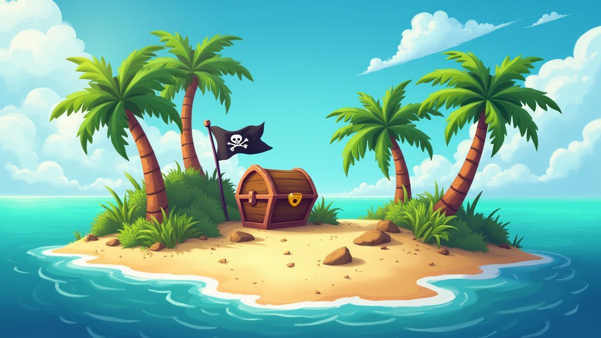 Tropisch eiland met palmbomen, schatkisten en piratenvlaggen.
