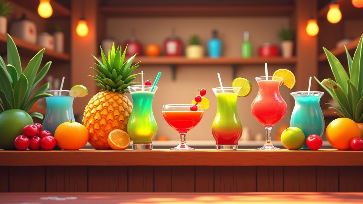 Barra de cócteles tropicales con frutas vibrantes como piñas, naranjas y cerezas.