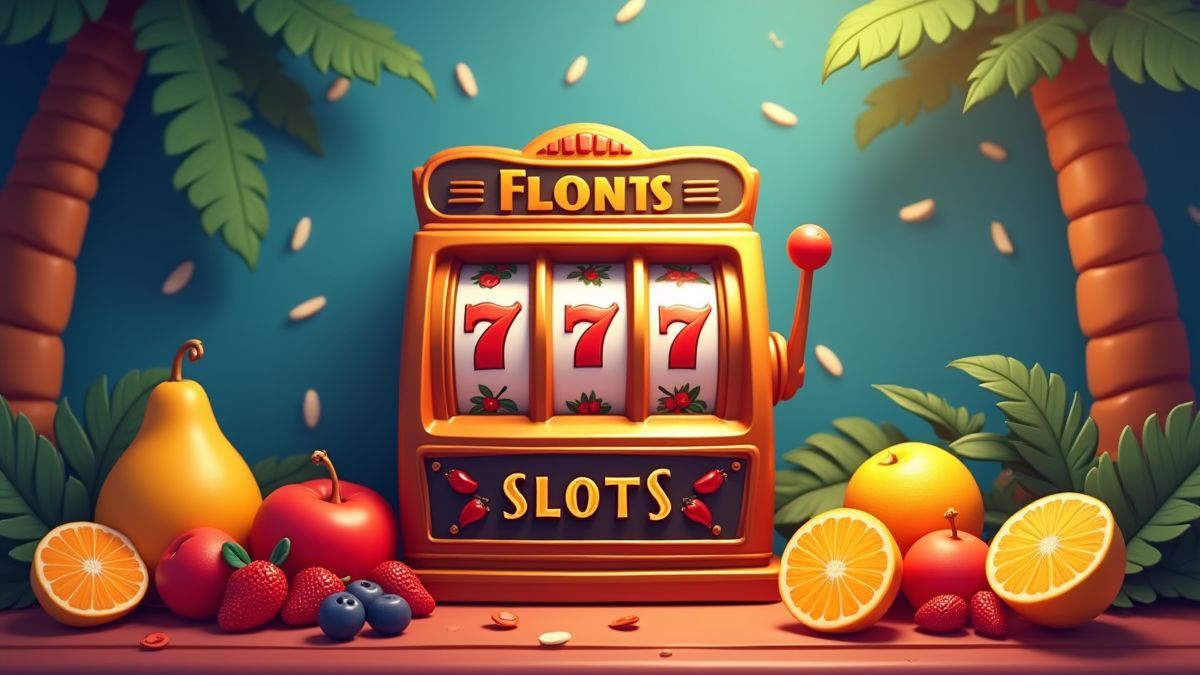 Máquina tragaperras retro rodeada de frutas tropicales vibrantes.