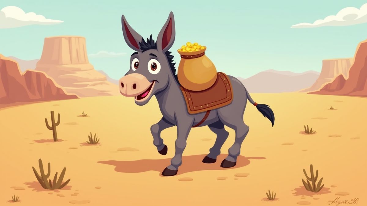 Ein glücklicher Esel, der einen Sack Gold in der Wüste trägt.