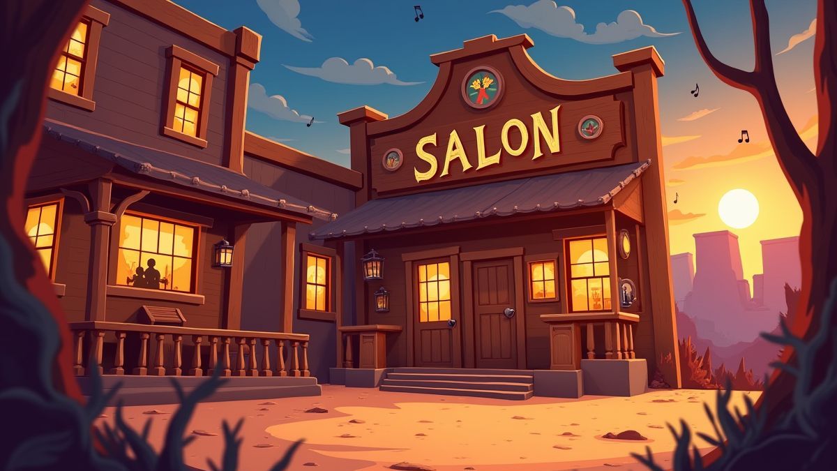 Ein animierter Saloon des Wilden Westens mit schwebenden Musiknoten.