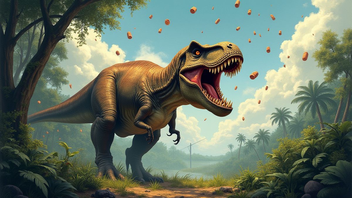 Een T-Rex brullend in een jungle terwijl meteorieten neervallen.