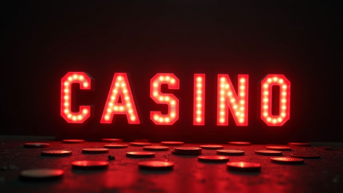 Retro casino lights and golden coins scattered in a dark environment.