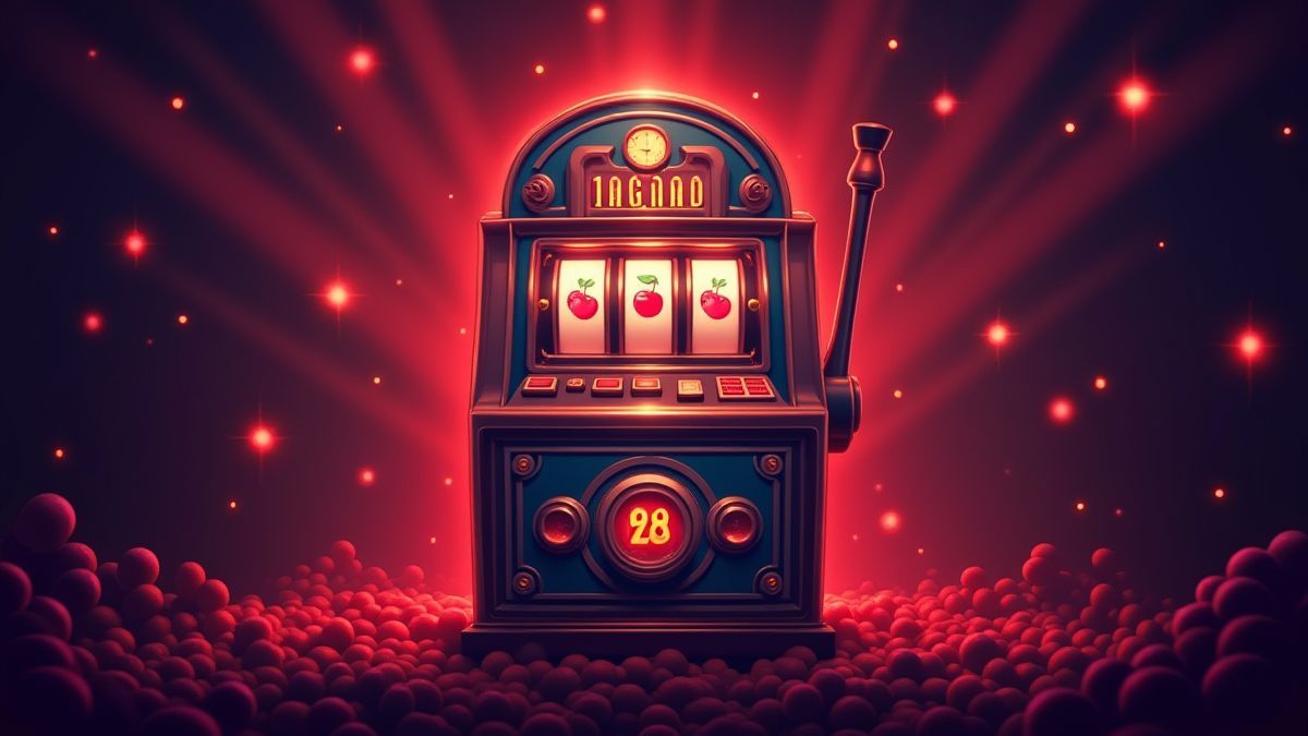 A retro slot machine with cherry and bar symbols under casino lights.