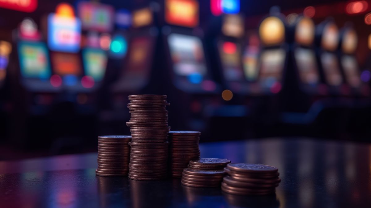 A stack of coins next to a slot machine in a dimly-lit casino.