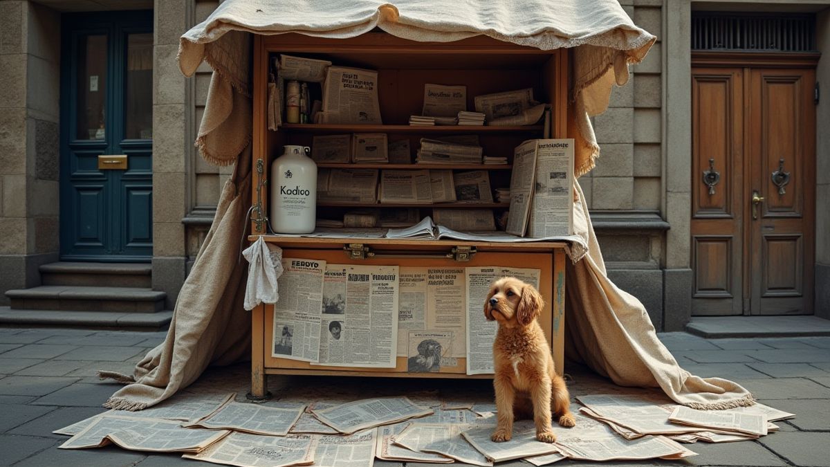 Un quiosco vintage rodeado de periódicos y un perro curioso.