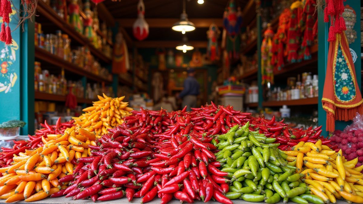 A Mexican market stall with chilies and traditional decorations