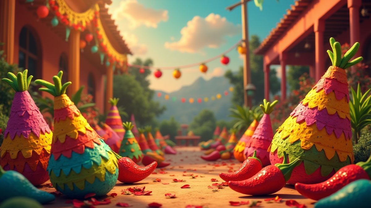 Festive Mexican scene with colorful piñatas and chilies