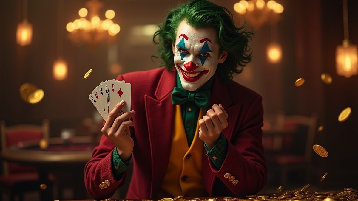 Ein eleganter Joker mit Karten und goldenen Münzen in einem Casino.