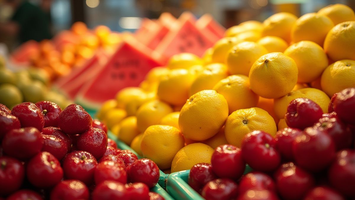 Fruits colorés dans un marché animé.
