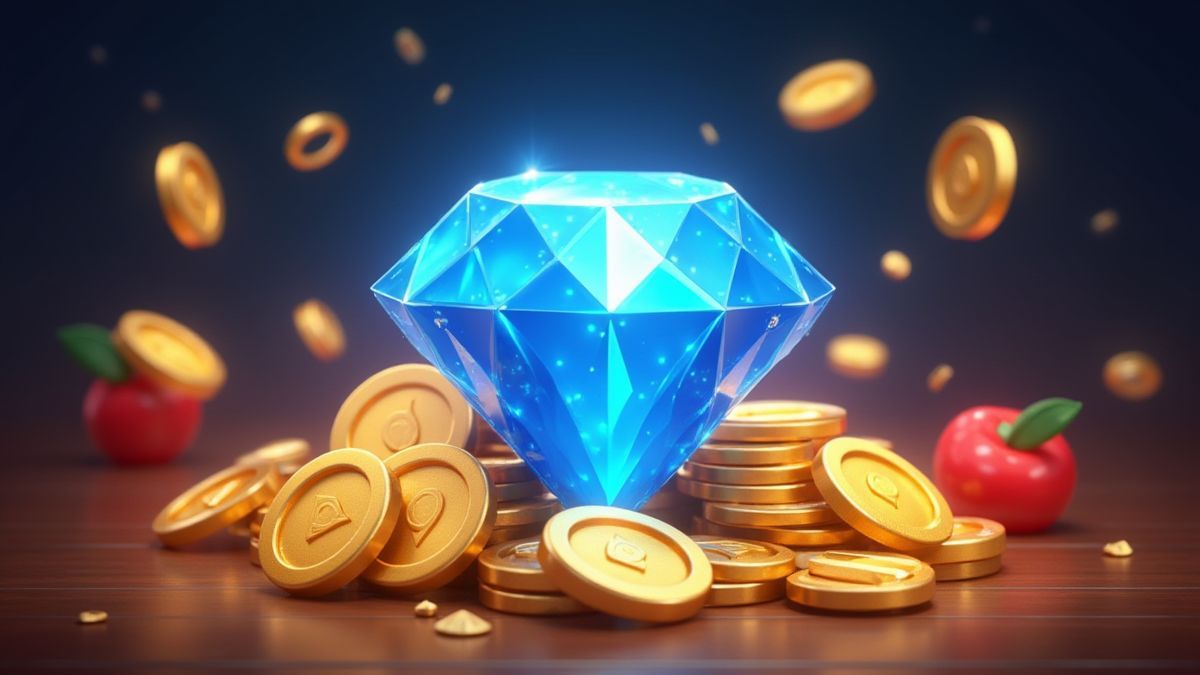 Diamant bleu entouré de pièces et de symboles de fruits.