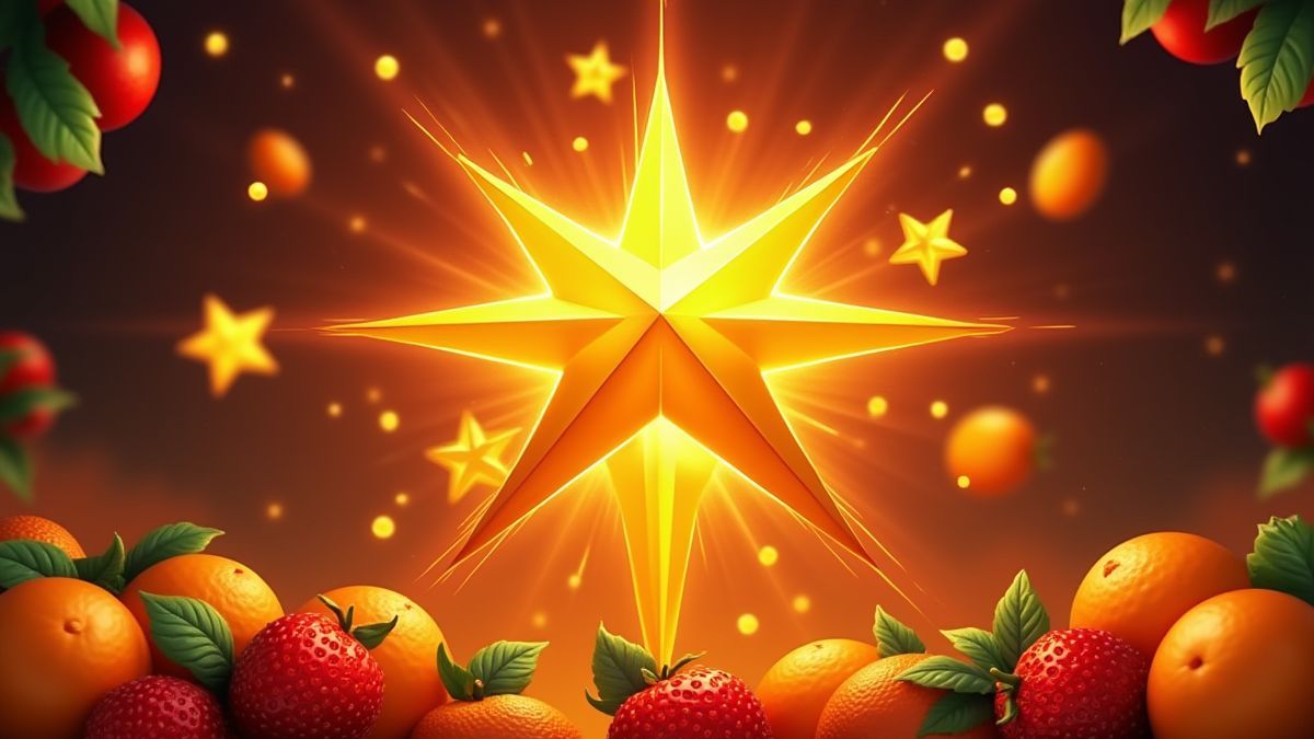 Estrellas doradas expandiéndose en los carretes rodeadas de frutas vibrantes.