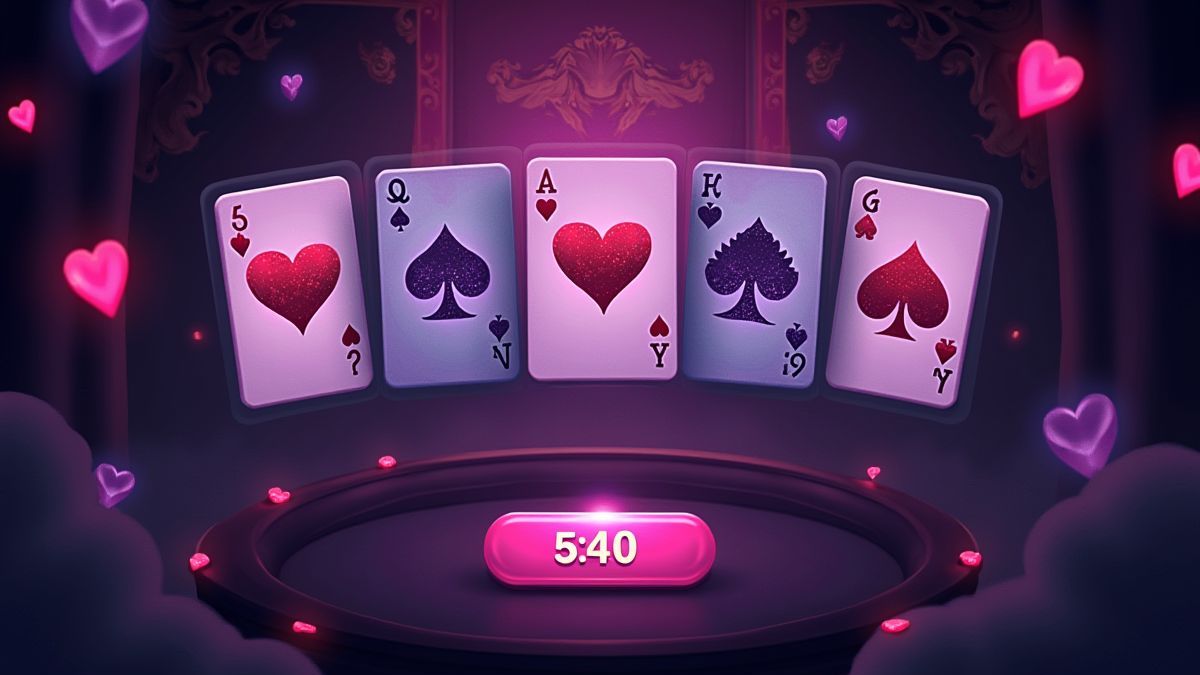 Pantalla de selección de cartas misteriosa con trajes de cartas vibrantes.