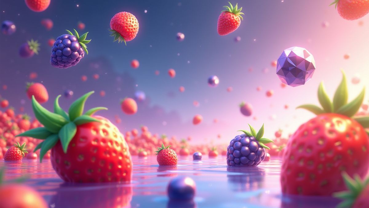 Frutas y diamantes flotando en un espacio transparente.