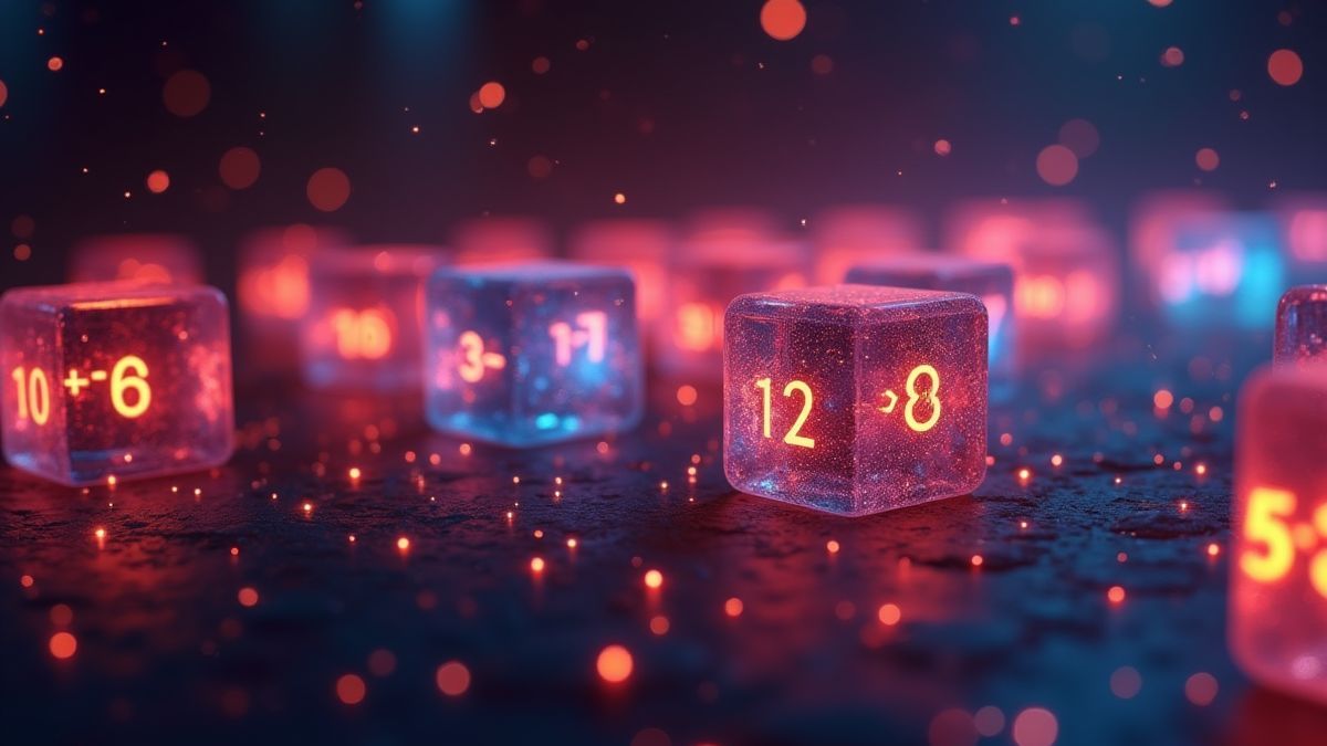 Cubos brillantes con números multiplicadores flotando en el espacio.