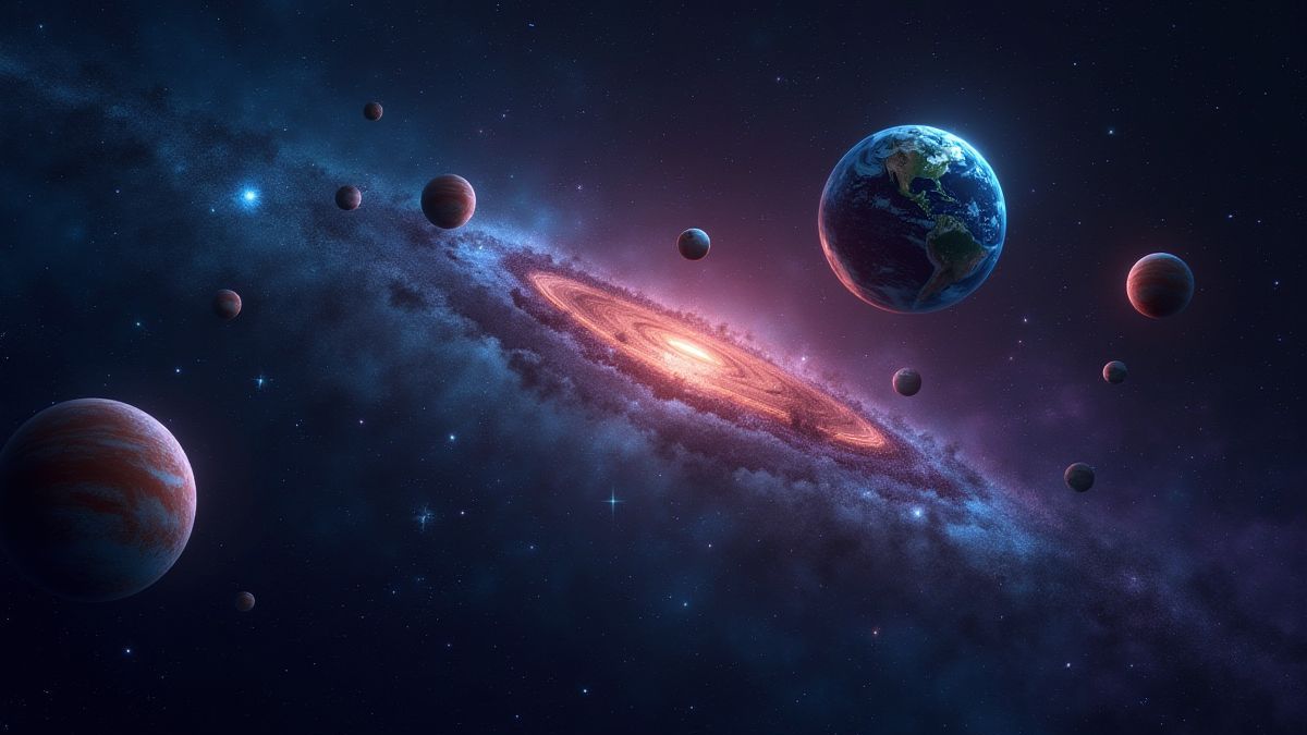 Entorno cósmico con estrellas y planetas coloridos.