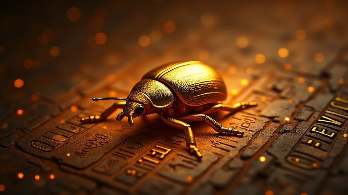 Scarabée doré avec des hiéroglyphes brillants.