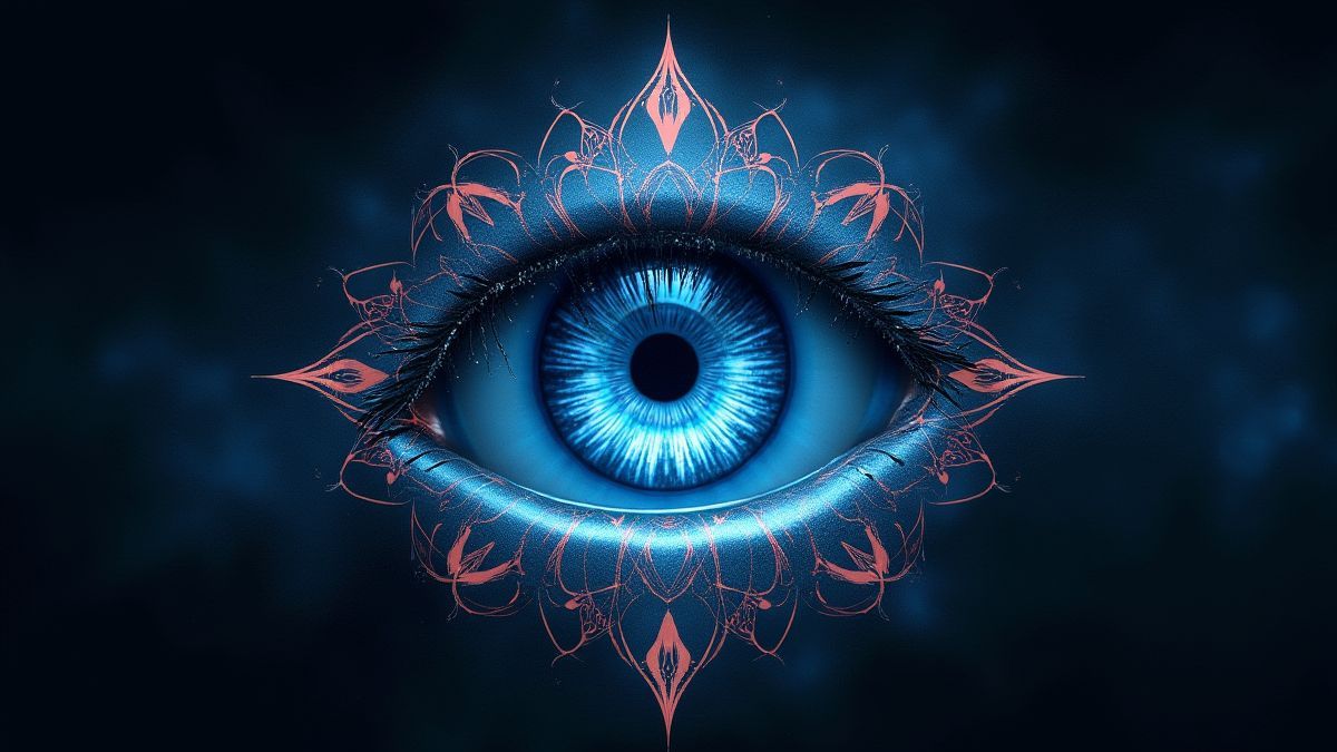 L'œil de Cléopâtre illuminé avec des motifs magiques.