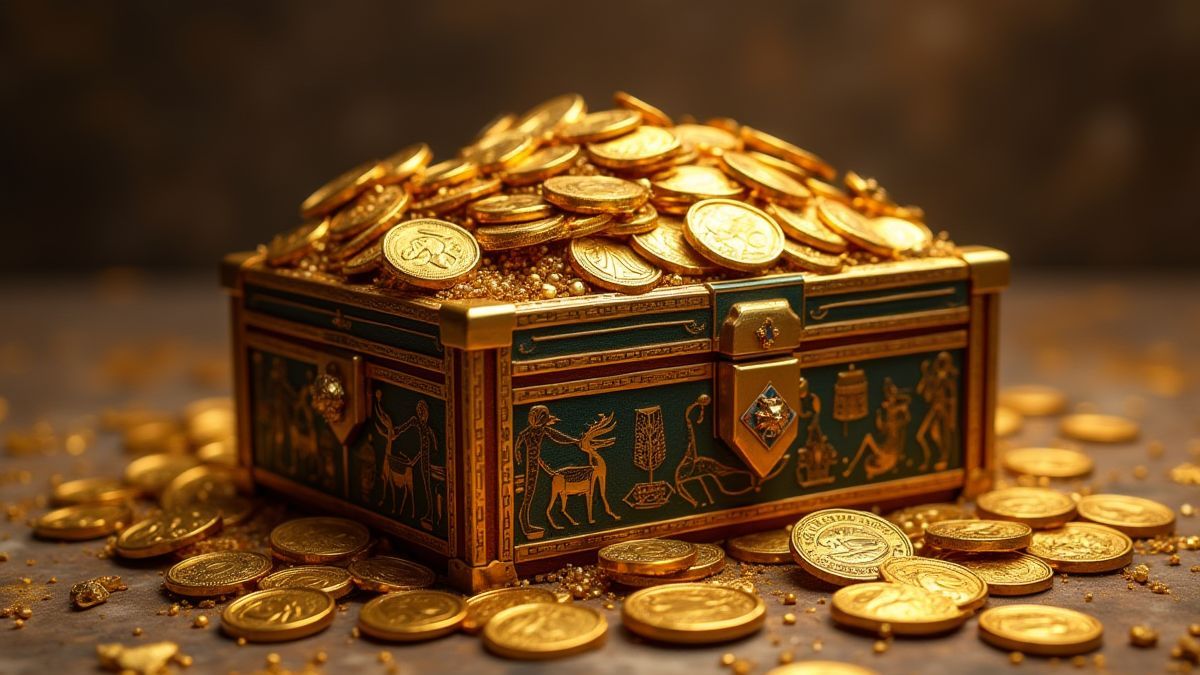 Egyptian jewelry box filled with gold and precious stones