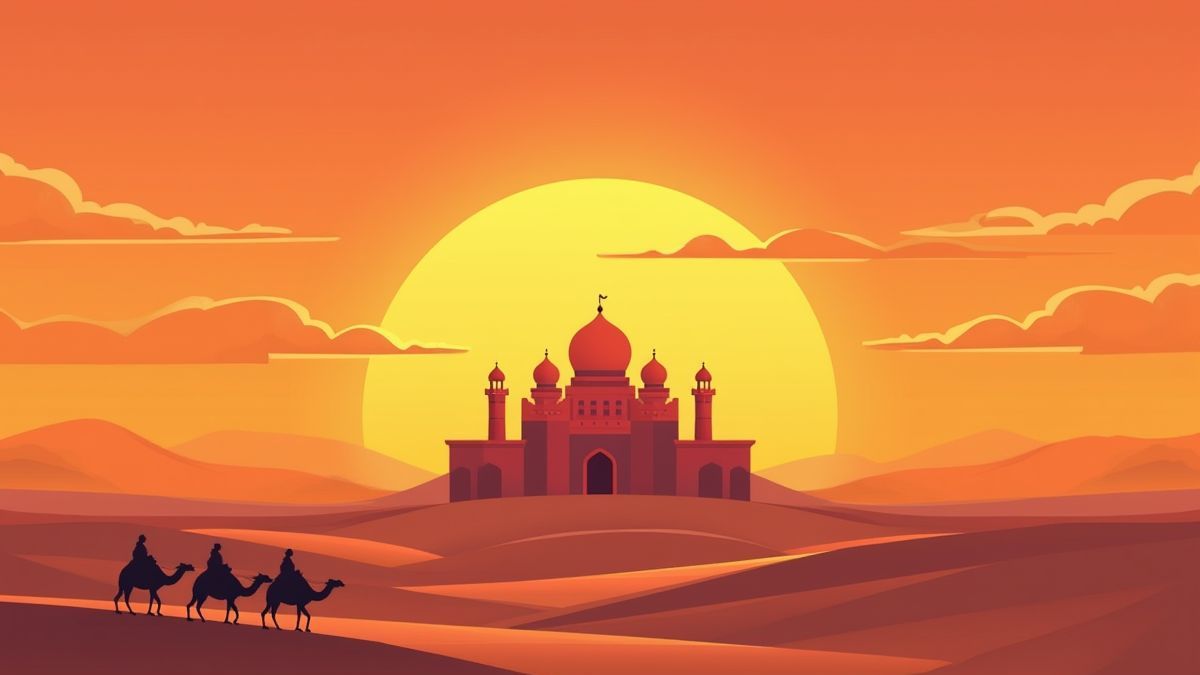 Zonsondergang in de woestijn met een Perzisch paleis en kamelen.