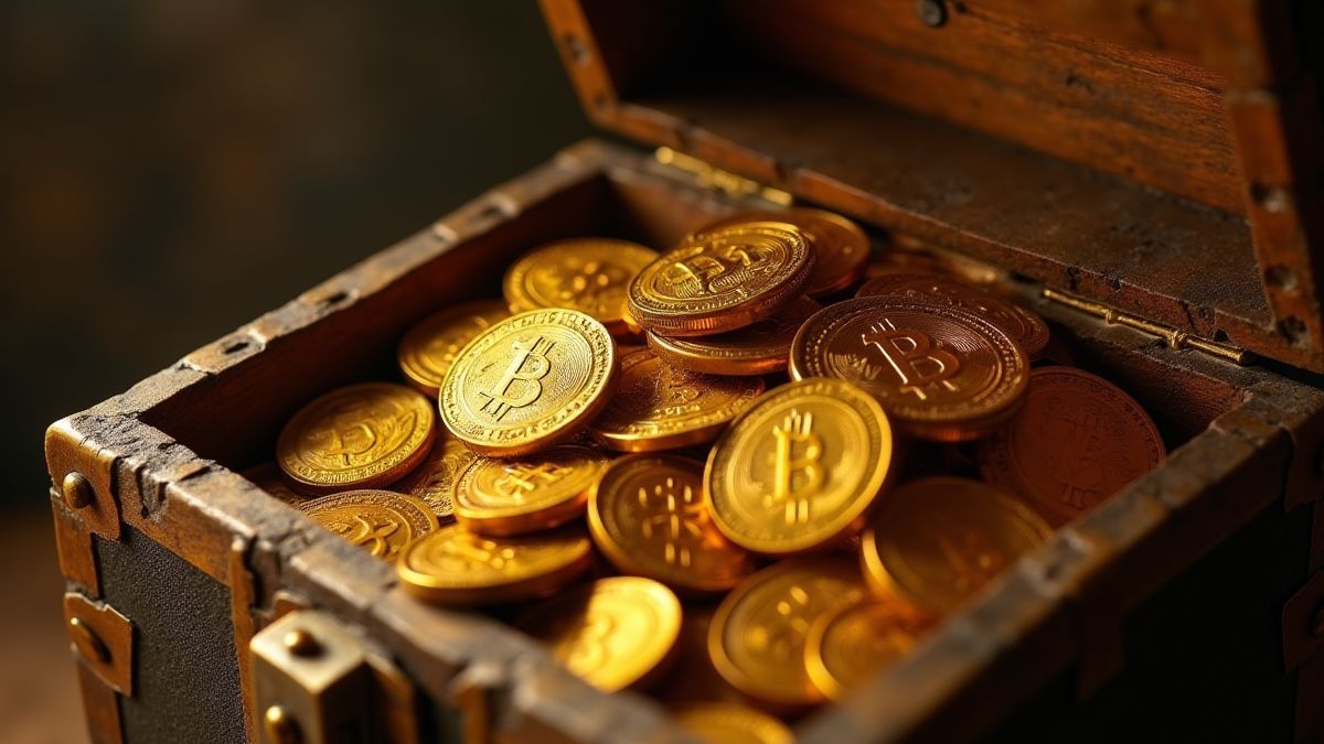 Goldmünzen, die in eine antike Schatztruhe fallen.