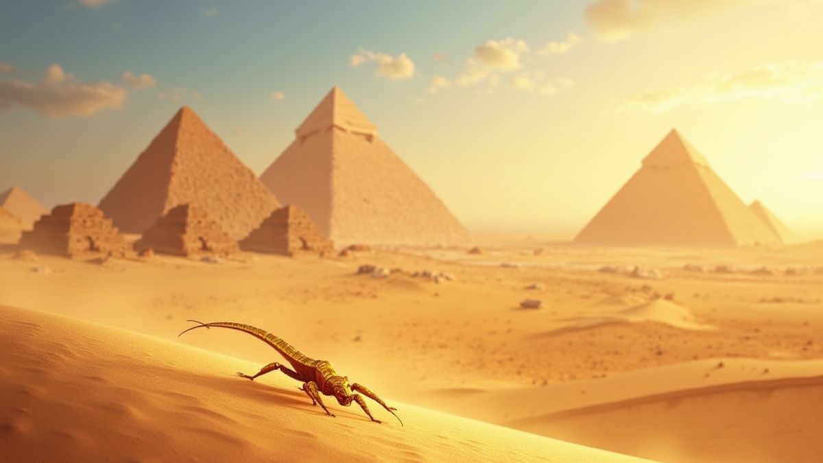 Egyptian desert with golden scarabs and pyramids in the background.
