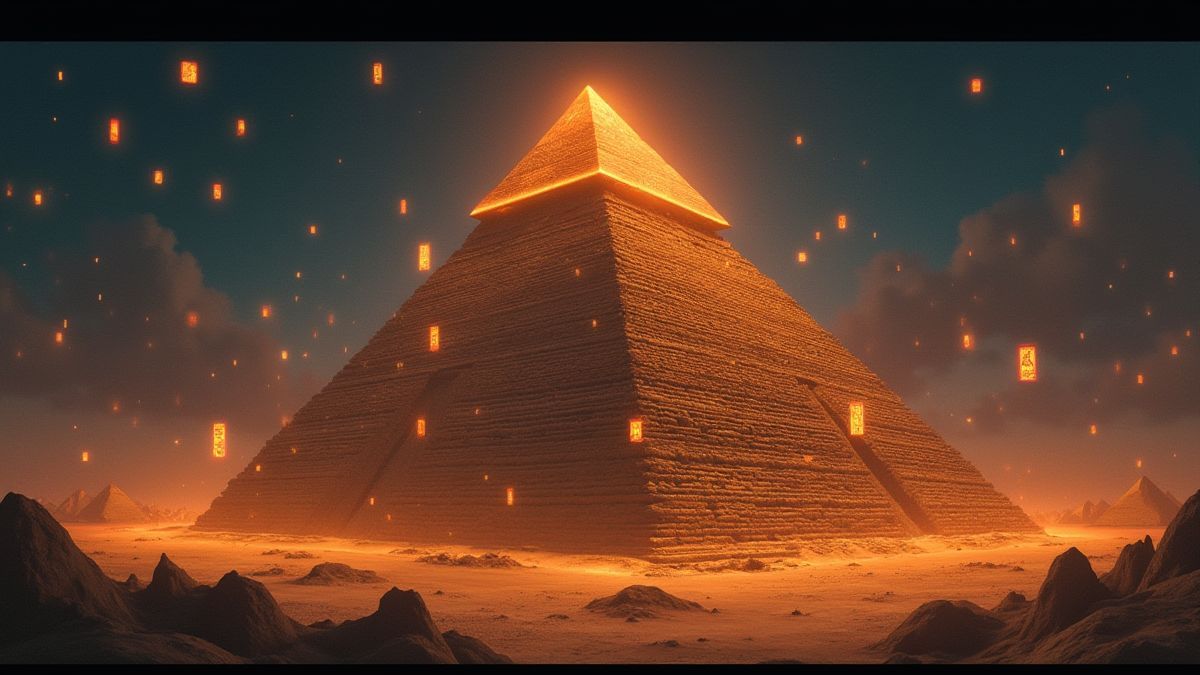 Egyptian pyramid surrounded by glowing hieroglyphs.