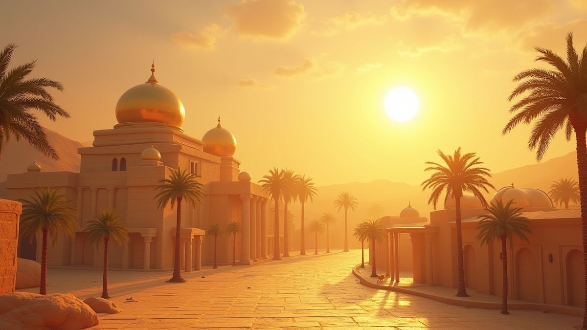Ancient Egyptian city with golden domes and palm trees.