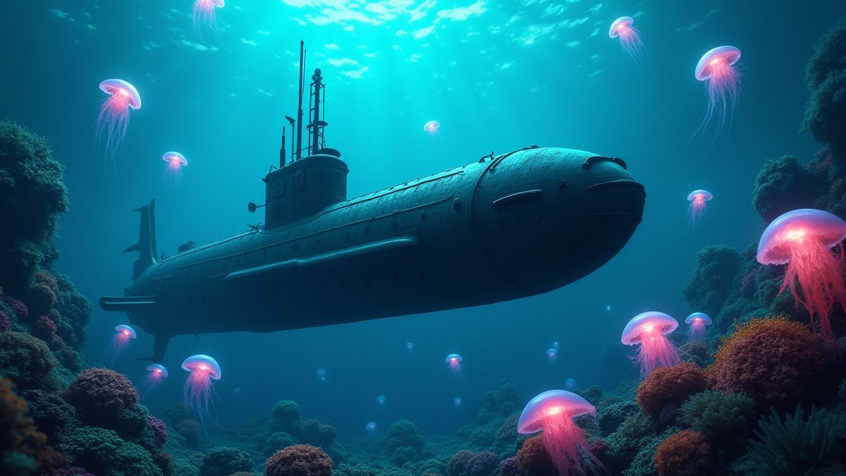 Underwater scene with a submarine surrounded by glowing jellyfish and coral reefs.