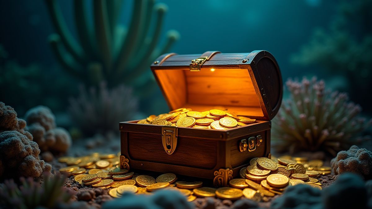 Treasure chest surrounded by glowing gold coins and marine flora.