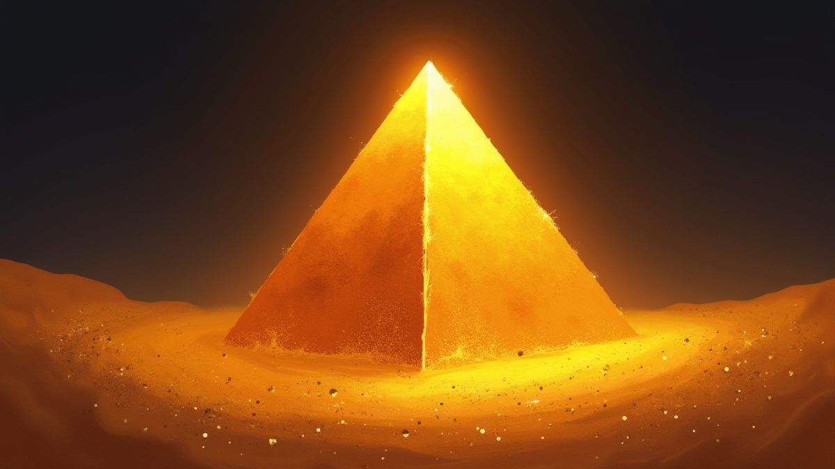 Leuchtende Pyramide umgeben von goldenem Sand.