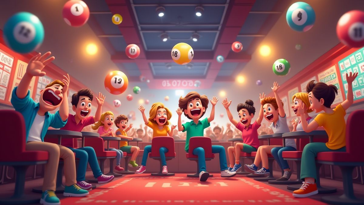 Um salão de bingo animado com bolas coloridas e jogadores emocionados.