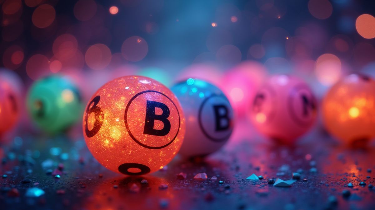 Bolas de bingo coloridas brilhando em um ambiente mágico.