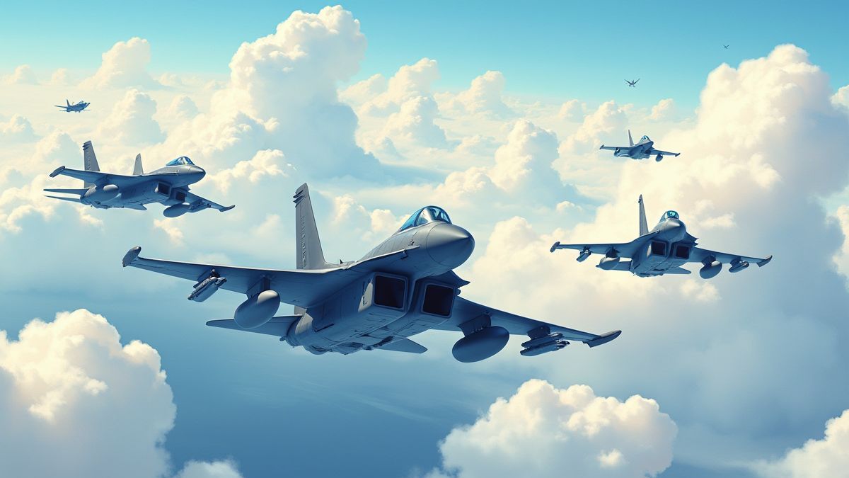 Gevechtsvliegtuigen die door actievolle luchten vliegen.