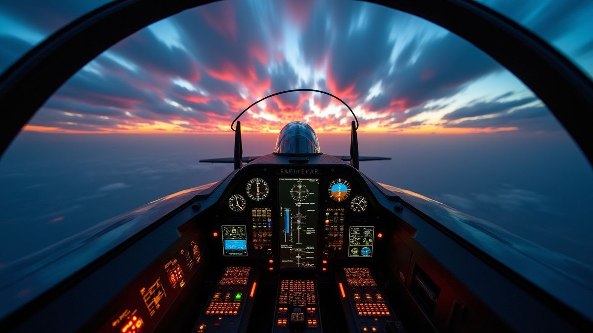 Zicht vanuit de cockpit van een gevechtsvliegtuig met verlichte bedieningselementen.