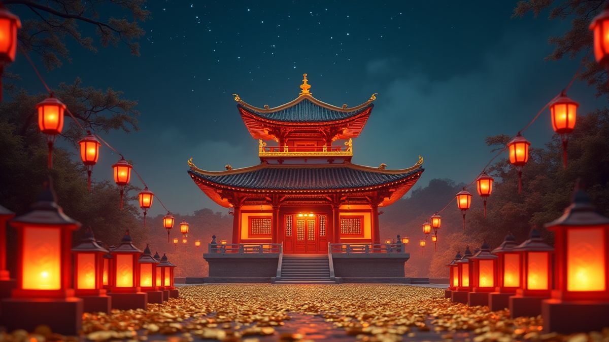 Templo asiático rodeado de monedas y linternas bajo un cielo estrellado.