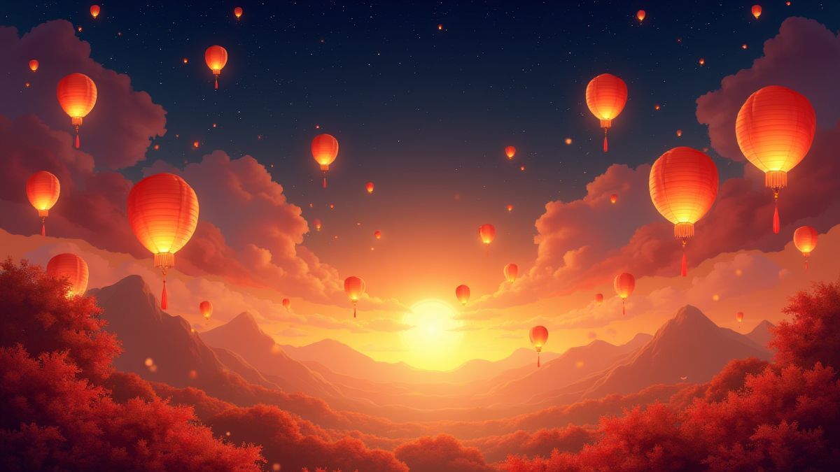 Linternas chinas flotando en el cielo nocturno sobre un paisaje dorado.