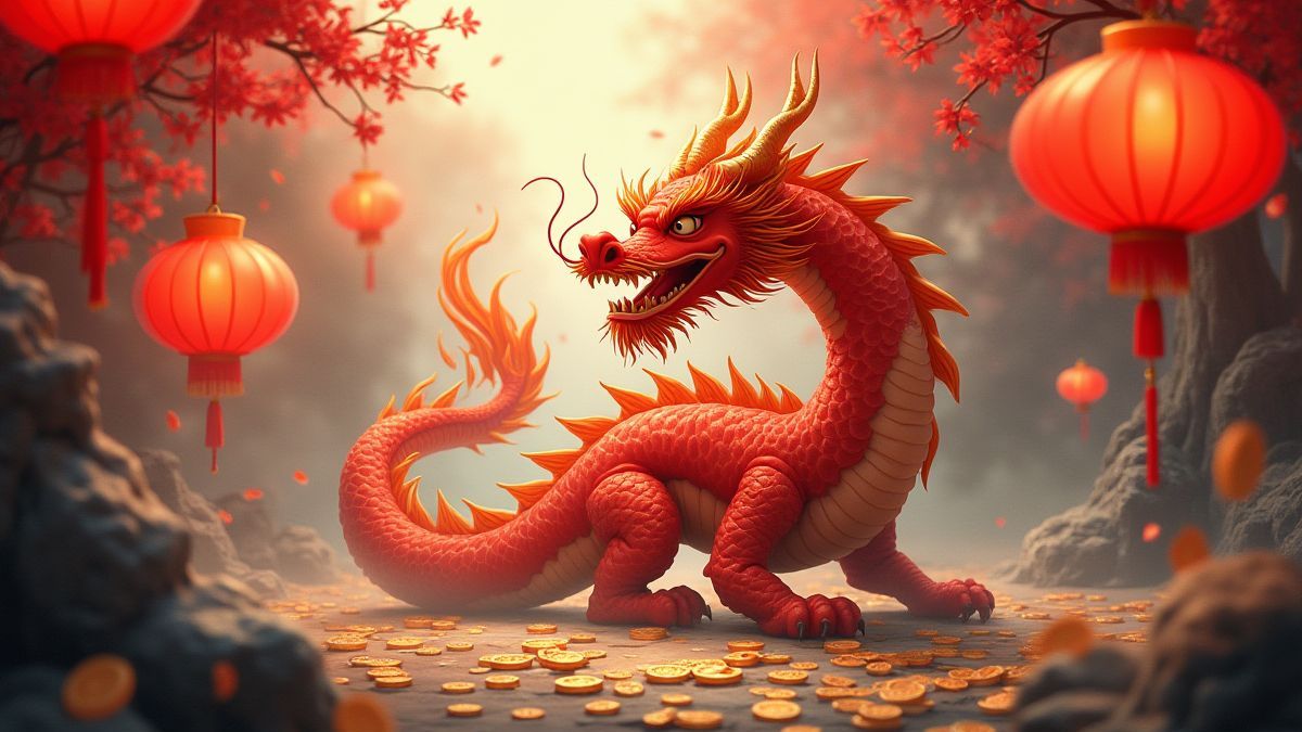 Dragón rodeado de linternas rojas y monedas doradas en un paisaje asiático.