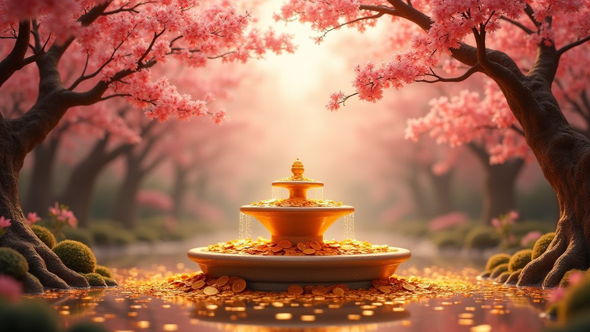 Fuente de monedas doradas rodeada de cerezos en flor en un ambiente mágico asiático.