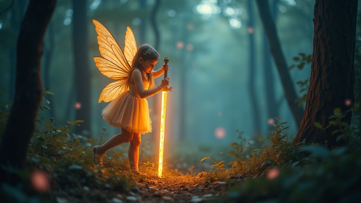 Hada brillante con espada encantada en un bosque mágico