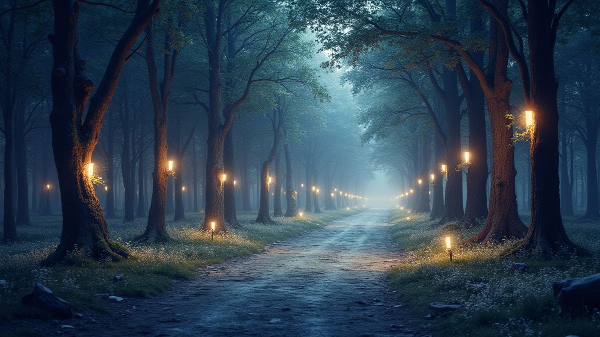 Bosque encantado con árboles brillantes y luces mágicas