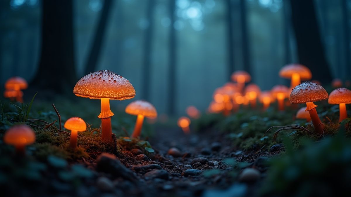Un bosque tranquilo con setas brillantes y luces mágicas