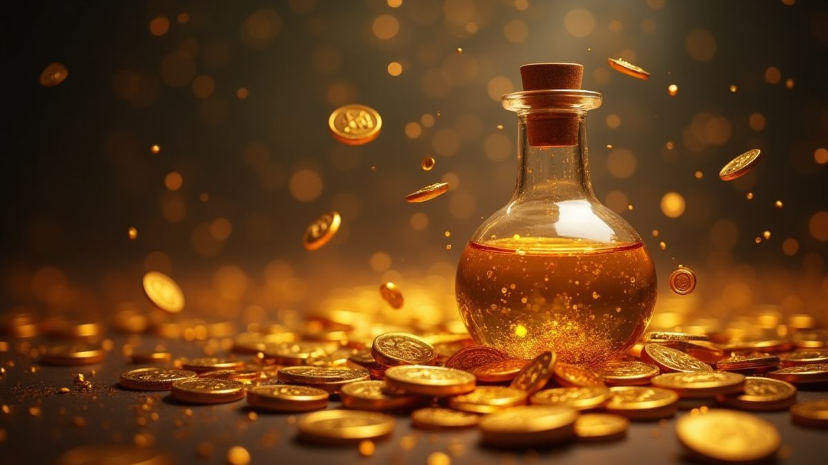 Monedas doradas y pociones mágicas flotando en el aire