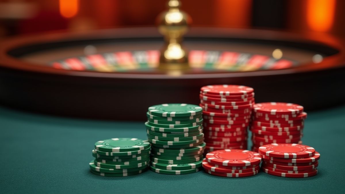 Fichas de cassino sobre uma mesa com roleta ao fundo