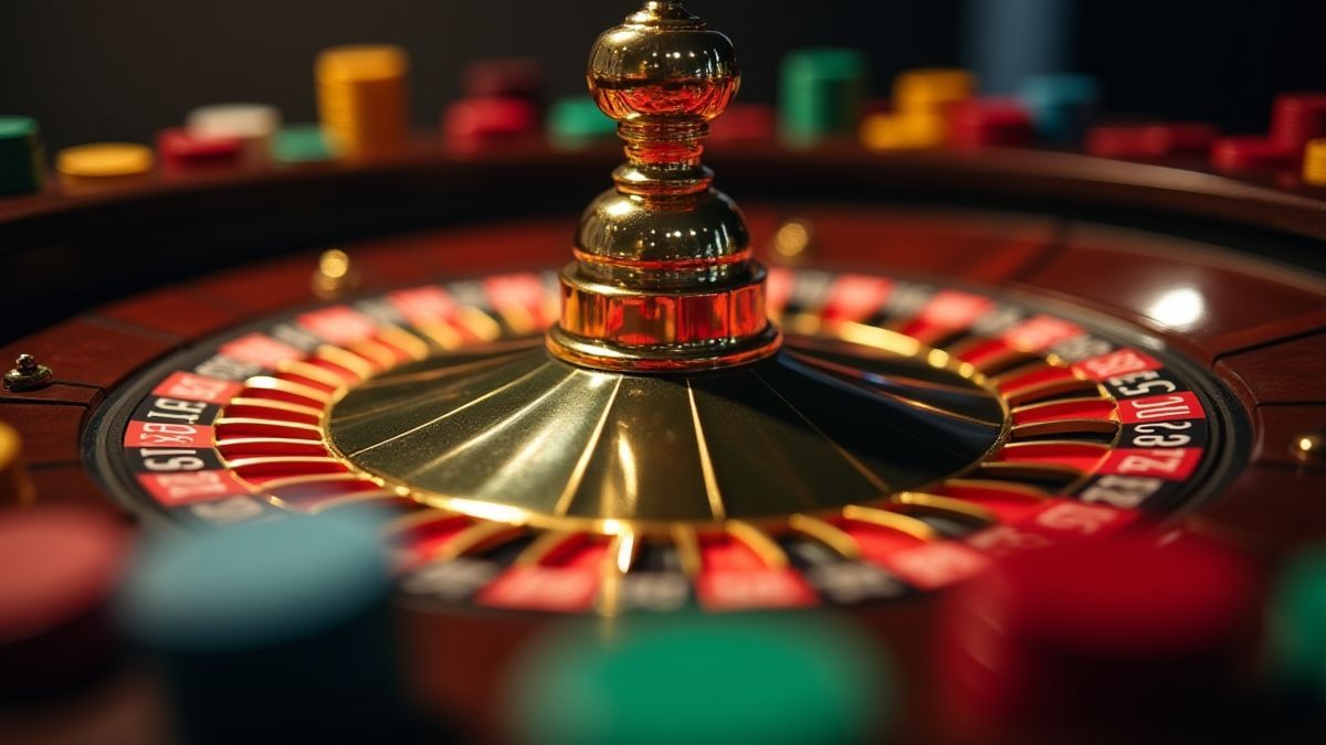 Ruleta girando con colores vibrantes y fichas alrededor.